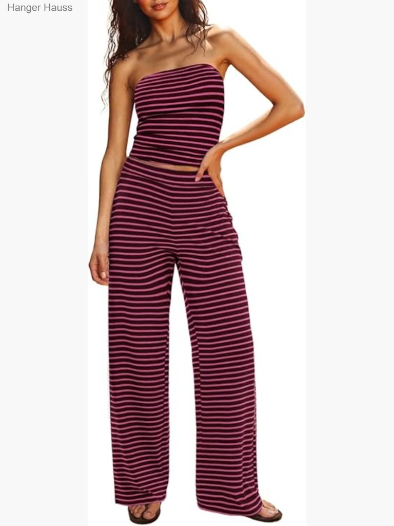 Women's Striped Tube Top And Wide Leg Pants Lounge Set Summer Vacation